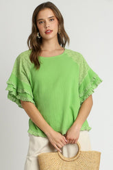 Umgee Full Size Cotton Gauze Round Neck Ruffle Eyelet Layered Sleeve Blouse Plus Size OutfitFlow